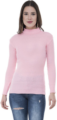 Indistar Solid High Neck Casual Women Pink Sweater