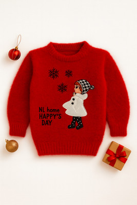 Medulla Woven Round Neck Casual Girls Red Sweater