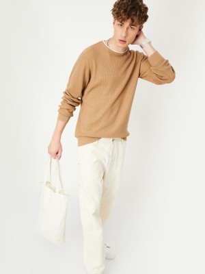 MAX Solid Round Neck Casual Men Beige Sweater