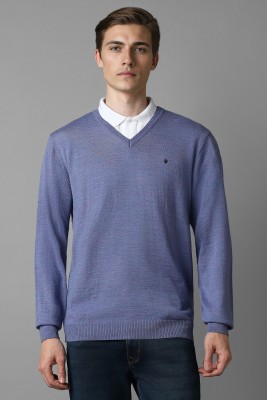 LOUIS PHILIPPE Self Design V Neck Casual Men Blue Sweater