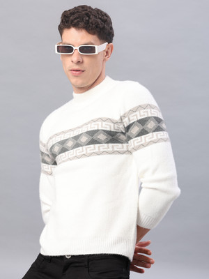 V-MART Self Design Round Neck Casual Men White Sweater