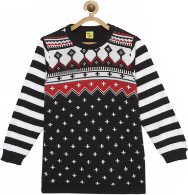 Fashion By Stacktrail Printed Round Neck Casual Girls Black Sweater