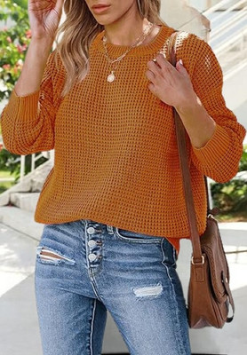 COLORCHAKRA Self Design Round Neck Casual Women Yellow Sweater