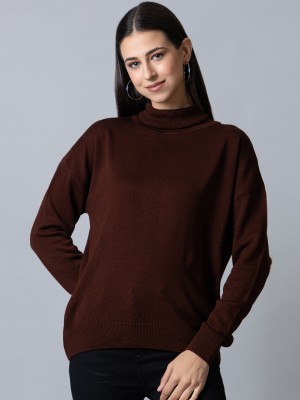 Club York Solid High Neck Casual Women Brown Sweater