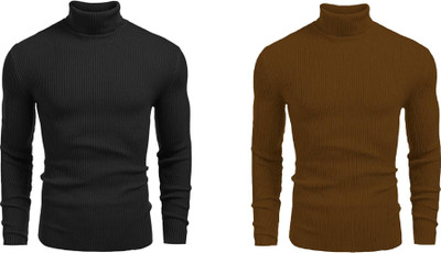 HouseOfCommon Self Design High Neck Casual Men Brown, Black Sweater