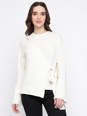 GUESS Solid Round Neck Casual Women White Sweater