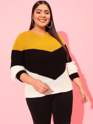 CURVY STREET Colorblock Round Neck Casual Women Black, White, Yellow Sweater