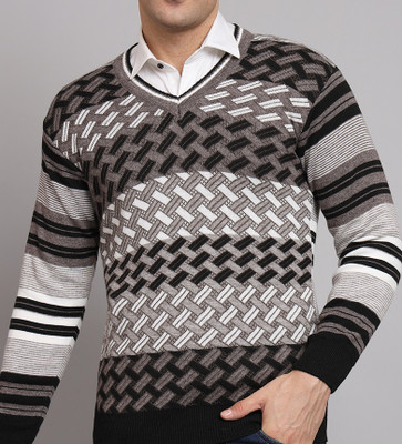 eWools Self Design V Neck Casual Men Multicolor Sweater