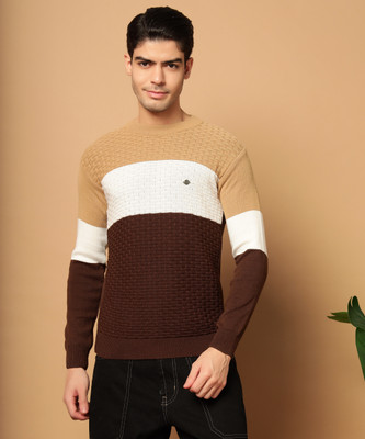 SILVANUS Colorblock Round Neck Casual Men Brown Sweater