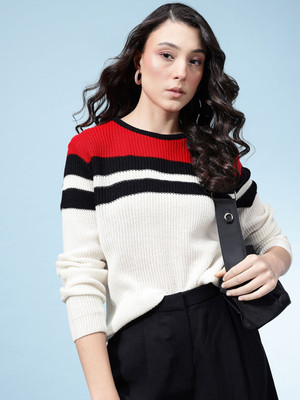 Glitchez Striped Round Neck Casual Women White, Red Sweater