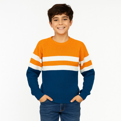 SELCAN Striped Round Neck Casual Boys Orange Sweater