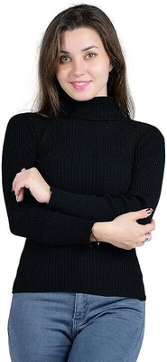 Pachirisu Solid High Neck Casual Women Black Sweater