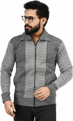 Life and style Self Design Collared Neck Casual Men Grey Sweater