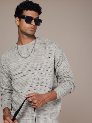Roadster Self Design Round Neck Casual Men Grey Sweater