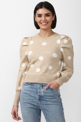 FOREVER 21 Polka Print Round Neck Casual Women Beige Sweater