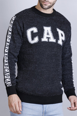 eWools Printed Round Neck Casual Men Black Sweater