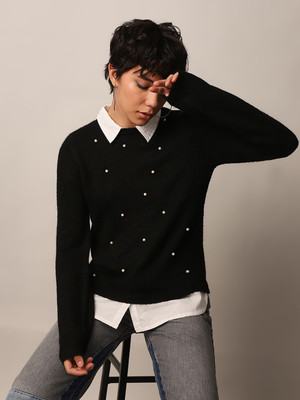 ONLY Embellished Collared Neck Casual Women Black Sweater