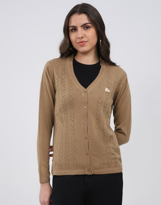 MONTE CARLO Self Design V Neck Casual Women Brown Sweater