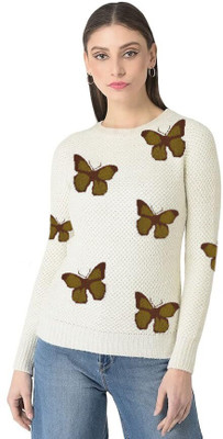 Eddicted Woven Round Neck Casual Women White Sweater