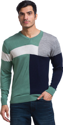 PARX Colorblock V Neck Casual Men Green Sweater