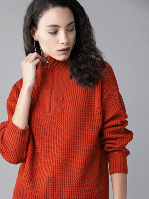 Roadster Self Design High Neck Casual Women Red Sweater