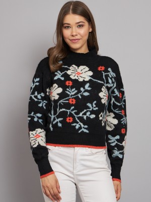 MansiCollections Floral Print High Neck Casual Women Black Sweater