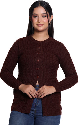 Varenyam Self Design Ruffle Neck Casual Women Brown Sweater