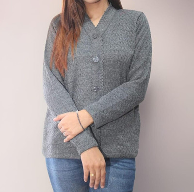 HIMANSHI Solid V Neck Casual Women Grey Sweater