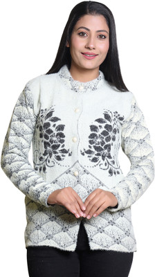 speed line hosiery Floral Print Collared Neck Party Women White Sweater