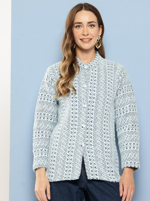 MUHURATAM Printed Round Neck Casual Women Blue Sweater