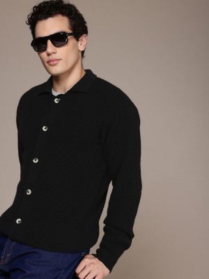 French Connection Self Design Keyhole Neck Casual Men Black Sweater