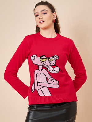 KASMA Self Design Round Neck Casual Women Red Sweater