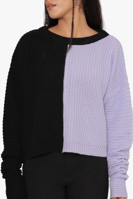 KASMA Woven Round Neck Casual Women Black, Purple Sweater