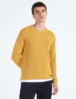 FLYING MACHINE Solid Round Neck Casual Men Yellow Sweater