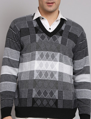 eWools Self Design V Neck Casual Men Black Sweater