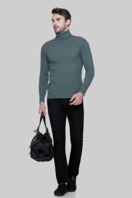 513 Self Design High Neck Casual Men Green Sweater