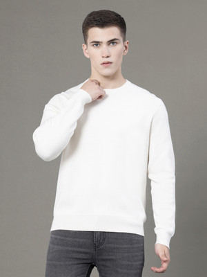 RED TAPE Solid Round Neck Casual Men White Sweater