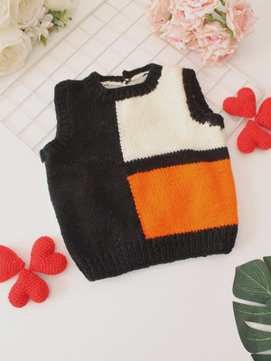 Woonie Self Design, Colorblock Round Neck Casual Baby Boys & Baby Girls Black Sweater
