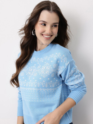 Mast & Harbour Solid Round Neck Casual Women Blue Sweater