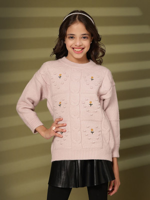 Albion Solid Round Neck Casual Girls Pink Sweater