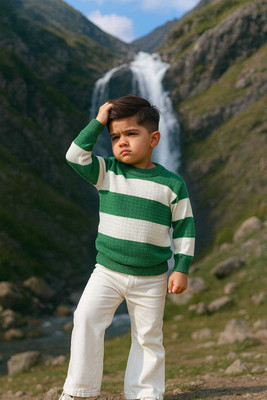 DIVYAM COLLECTION Striped Round Neck Casual Boys Green, White Sweater