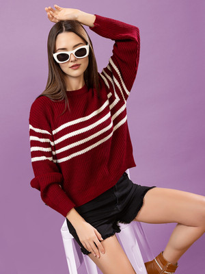 CHEMISTRY Striped, Self Design Round Neck Casual Women Red Sweater