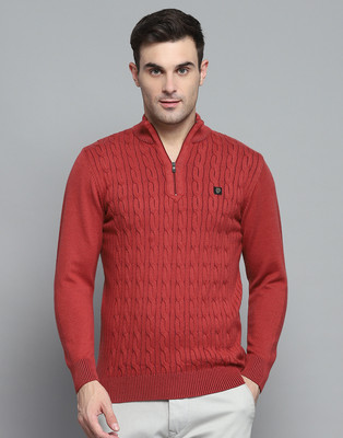 MONTE CARLO Self Design Turtle Neck Casual Men Maroon Sweater