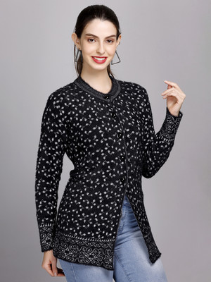 eWools Printed Round Neck Casual Women Black Sweater