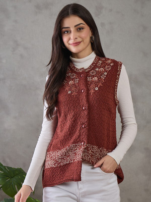 CLAPTON Embroidered Round Neck Casual Women Brown Sweater