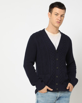 GAP Self Design V Neck Casual Men Blue Sweater