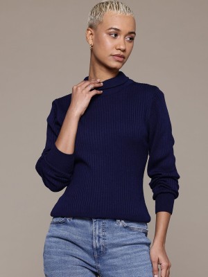 Roadster Solid Turtle Neck Casual Women Blue Sweater