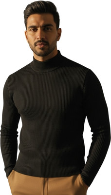 PEAK MOUNT Solid High Neck Casual Men Black Sweater