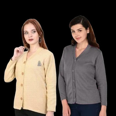LUXURIOUS DESIGN Solid V Neck Casual Women Beige, Grey Sweater