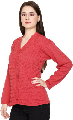 ENOV Woven V Neck Casual Women Pink Sweater